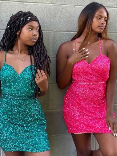 V-Neck Short Velvet Sequin Dark Green Sleeveless Prom Dress Darwin