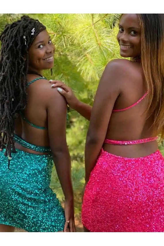 V-Neck Short Velvet Sequin Dark Green Sleeveless Prom Dress Darwin