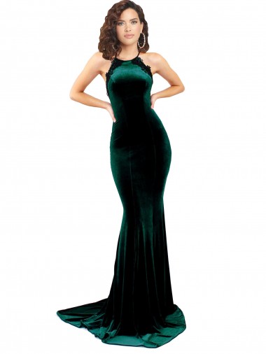 High Neck Sweep Train Stretch Velvet Dark Green Sleeveless Formal Evening Gown / Prom Dress / Bridesmaid Dress Darwin