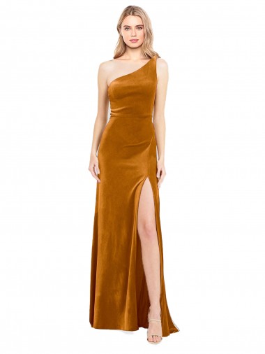 One Shoulder Long Stretch Velvet Gold Sleeveless Formal Evening Gown / Prom Dress / Bridesmaid Dress Darwin