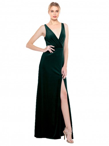 V-Neck Long Stretch Velvet Dark Green Sleeveless Black Tie Evening Dress / Prom Dress / Bridesmaid Dress Darwin