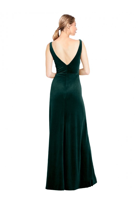 V-Neck Long Stretch Velvet Dark Green Sleeveless Black Tie Evening Dress / Prom Dress / Bridesmaid Dress Darwin