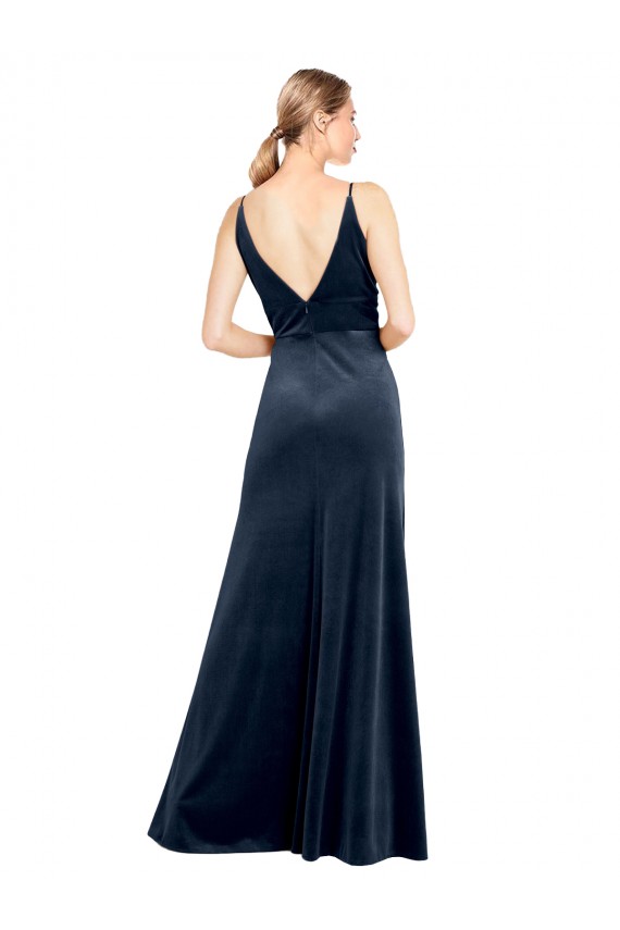 V-Neck Long Stretch Velvet Dark Navy Sleeveless Prom Dress / Bridesmaid Dress Darwin