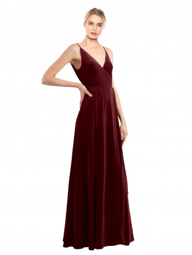 V-Neck Long Stretch Velvet Burgundy Sleeveless Bridesmaid Dress / Evening Dress Darwin