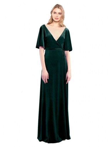 V-Neck Long Stretch Velvet Dark Green Flutter Sleeves Prom Dress / Bridesmaid Dress Darwin