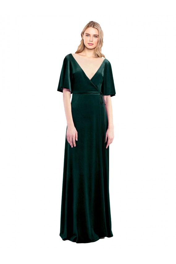 V-Neck Long Stretch Velvet Dark Green Flutter Sleeves Prom Dress / Bridesmaid Dress Darwin