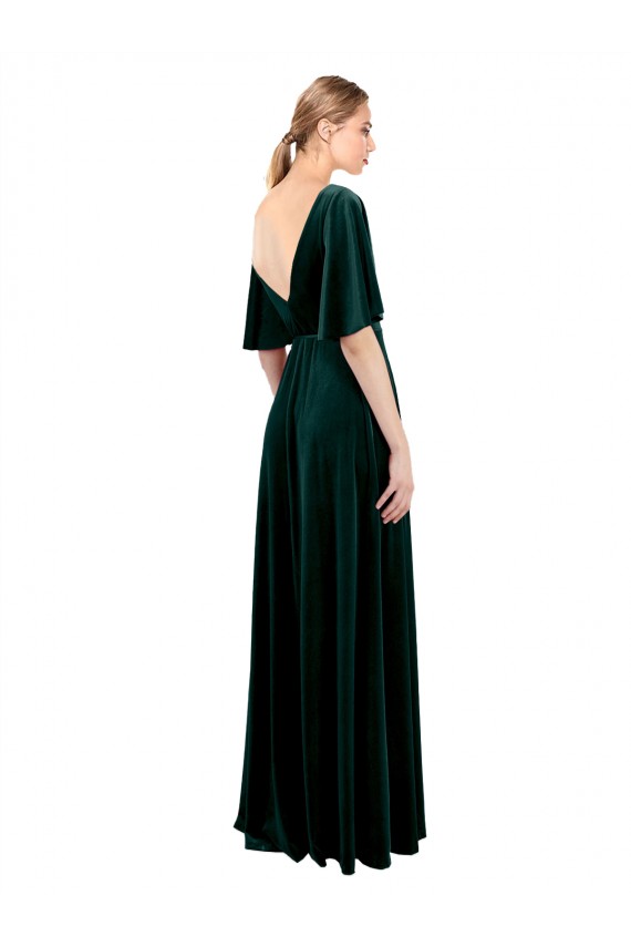 V-Neck Long Stretch Velvet Dark Green Flutter Sleeves Prom Dress / Bridesmaid Dress Darwin