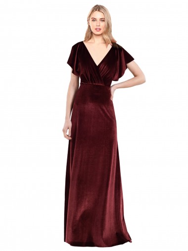 V-Neck Long Stretch Velvet Burgundy Flutter Sleeves Prom Dress / Bridesmaid Dress Darwin