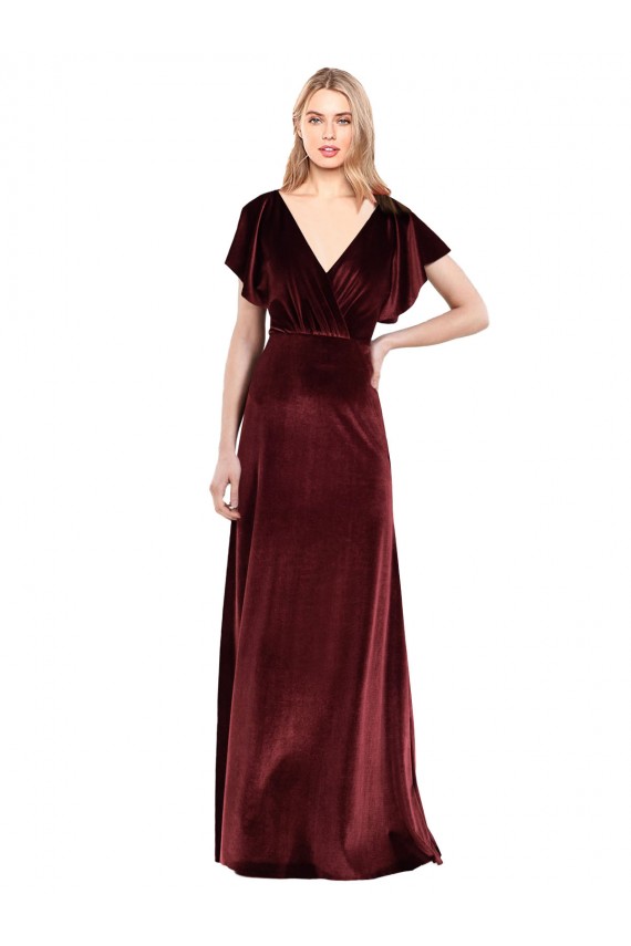V-Neck Long Stretch Velvet Burgundy Flutter Sleeves Prom Dress / Bridesmaid Dress Darwin