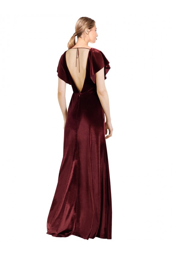 V-Neck Long Stretch Velvet Burgundy Flutter Sleeves Prom Dress / Bridesmaid Dress Darwin