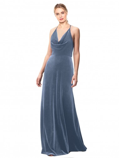 Cowl Neck Long Stretch Velvet Dusty Blue Sleeveless Prom Dress / Bridesmaid Dress Darwin