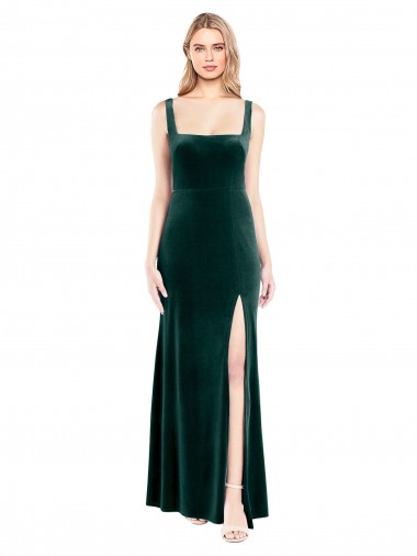 Square Neck Long Stretch Velvet Dark Green Sleeveless Prom Dress / Bridesmaid Dress Darwin