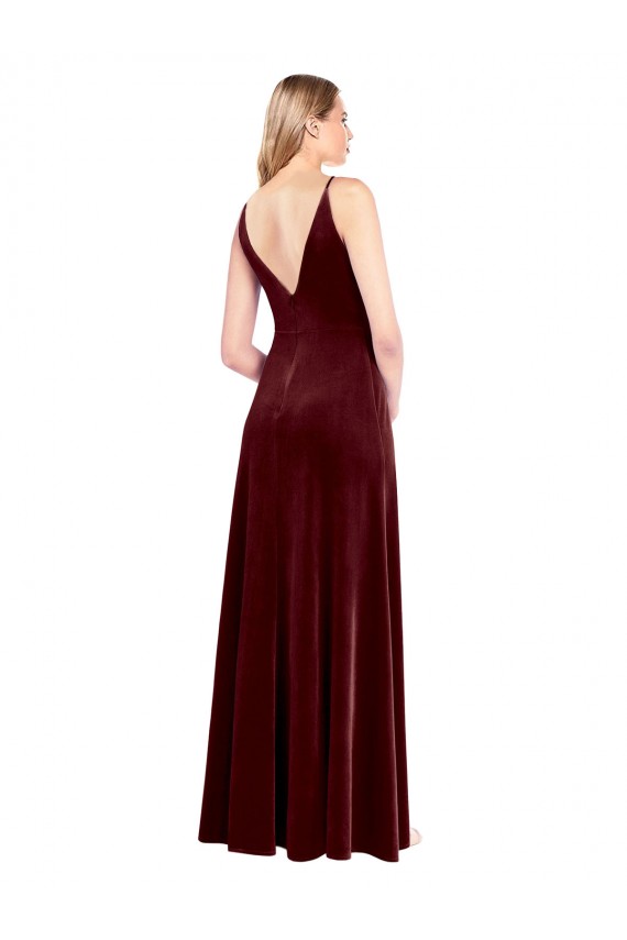 V-Neck Long Stretch Velvet Burgundy Sleeveless Black Tie Prom Dress / Bridesmaid Dress Darwin