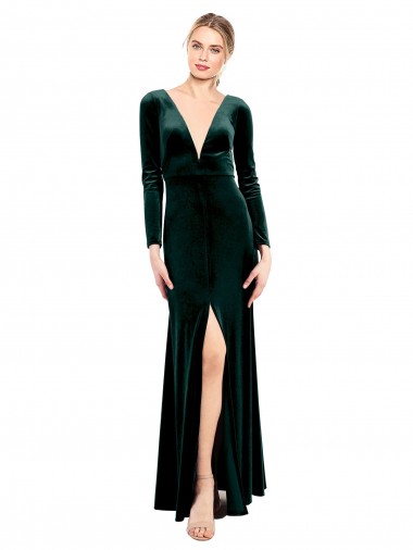 V-Neck Long Stretch Velvet Dark Green Long Sleeves Black Tie Prom Dress / Bridesmaid Dress Darwin
