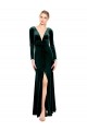 V-Neck Long Stretch Velvet Dark Green Long Sleeves Black Tie Prom Dress / Bridesmaid Dress Darwin