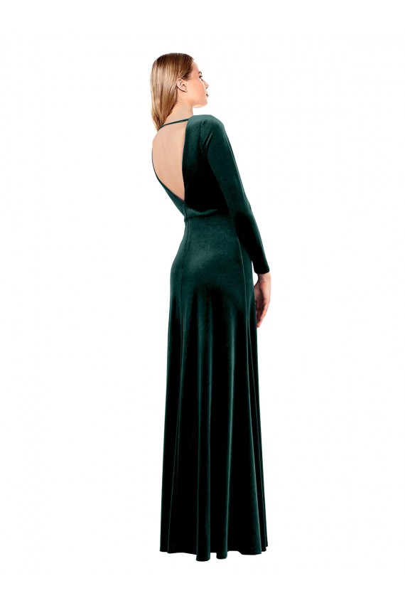 V-Neck Long Stretch Velvet Dark Green Long Sleeves Black Tie Prom Dress / Bridesmaid Dress Darwin