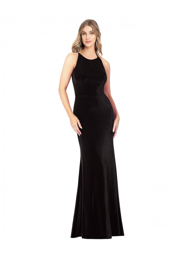 Jewel Neck Long Stretch Velvet Black Sleeveless Formal Evening Gown / Prom Dress / Bridesmaid Dress Darwin