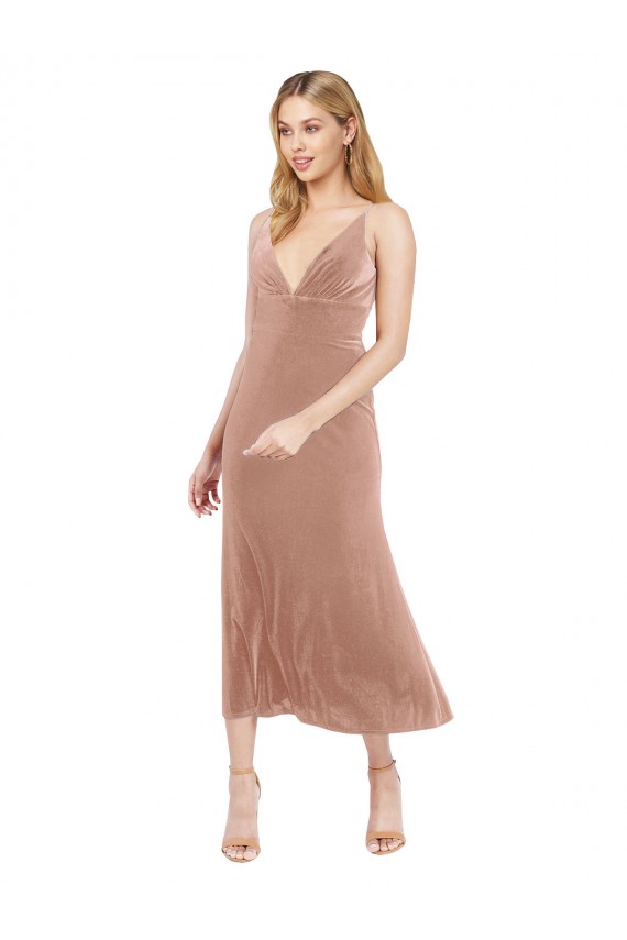 V-Neck Midi Length Stretch Velvet Pink Sleeveless Prom Dress / Bridesmaid Dress Darwin