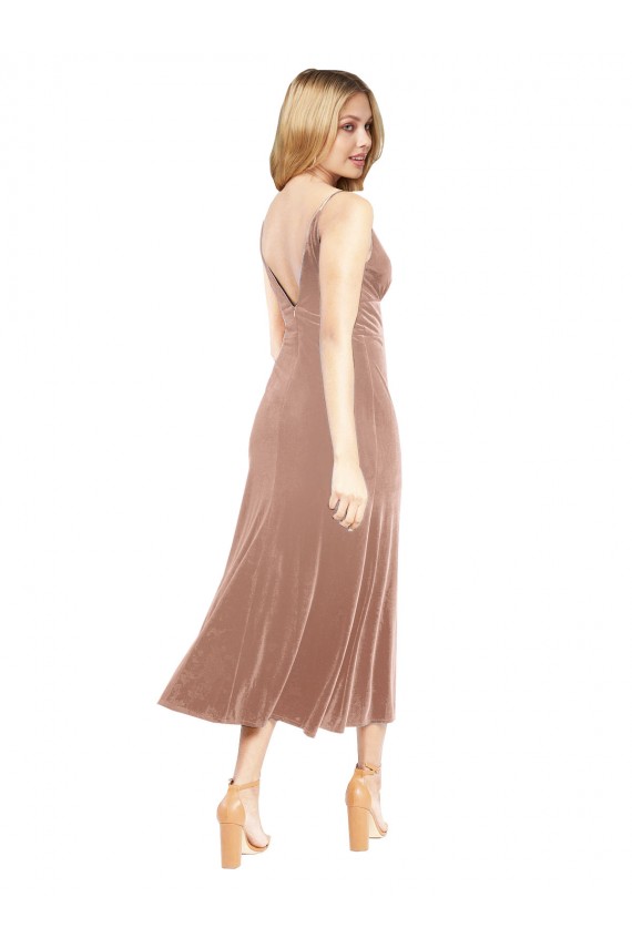 V-Neck Midi Length Stretch Velvet Pink Sleeveless Prom Dress / Bridesmaid Dress Darwin
