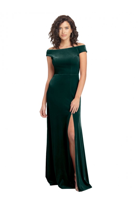 Square Neck Long Stretch Velvet Dark Green Cap Sleeves Formal Evening Gown / Prom Dress / Bridesmaid Dress Darwin