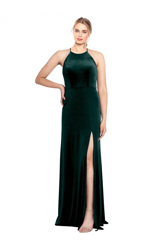 Jewel Neck Long Stretch Velvet Dark Green Sleeveless Prom Dress / Bridesmaid Dress Darwin