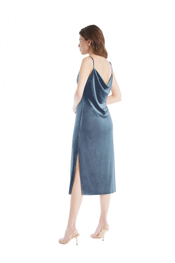 One Shoulder Long Stretch Velvet Dusty Blue Sleeveless Semi Formal Evening Dress / Prom Dress / Bridesmaid Dress Darwin