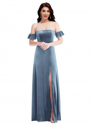 Off the Shoulder Long Stretch Velvet Dusty Blue Ruffle Sleeves Formal Dress / Bridesmaid Dress Darwin