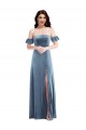 Off the Shoulder Long Stretch Velvet Dusty Blue Ruffle Sleeves Formal Dress / Bridesmaid Dress Darwin