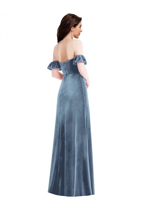 Off the Shoulder Long Stretch Velvet Dusty Blue Ruffle Sleeves Formal Dress / Bridesmaid Dress Darwin