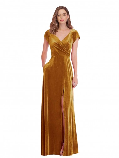 V-Neck Long Stretch Velvet Gold Cap Sleeves Formal Evening Gown / Prom Dress / Bridesmaid Dress Darwin