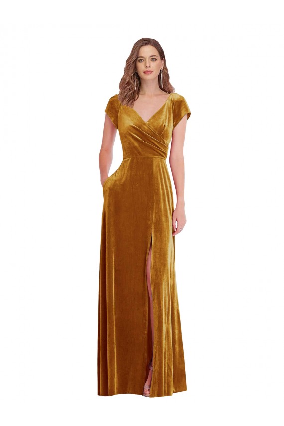 V-Neck Long Stretch Velvet Gold Cap Sleeves Formal Evening Gown / Prom Dress / Bridesmaid Dress Darwin