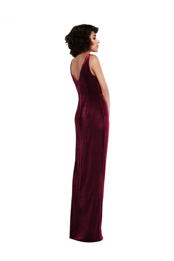 V-Neck Long Stretch Velvet Burgundy Sleeveless Semi Formal Evening Dress / Prom Dress / Bridesmaid Dress Darwin