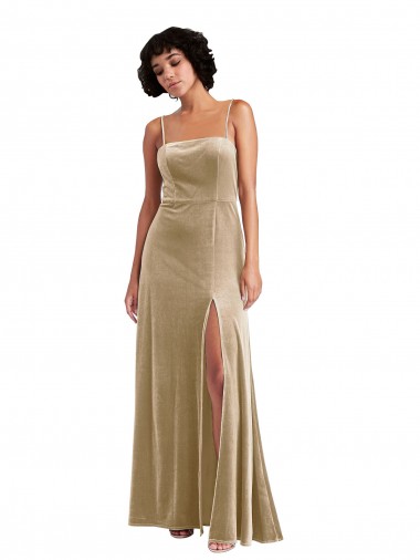Square Neck Long Stretch Velvet Champagne Sleeveless Formal Evening Gown / Prom Dress / Bridesmaid Dress Darwin