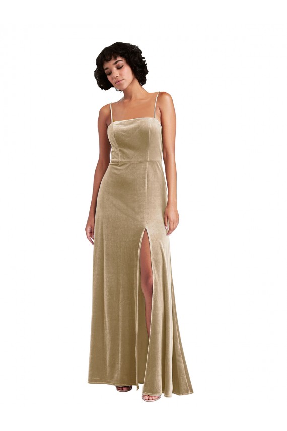 Square Neck Long Stretch Velvet Champagne Sleeveless Formal Evening Gown / Prom Dress / Bridesmaid Dress Darwin