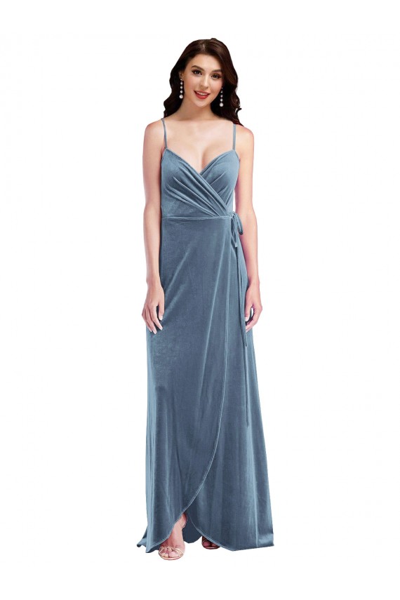 Sweetheart Long Stretch Velvet Dusty Blue Sleeveless Semi Formal Evening Dress / Prom Dress / Bridesmaid Dress Darwin