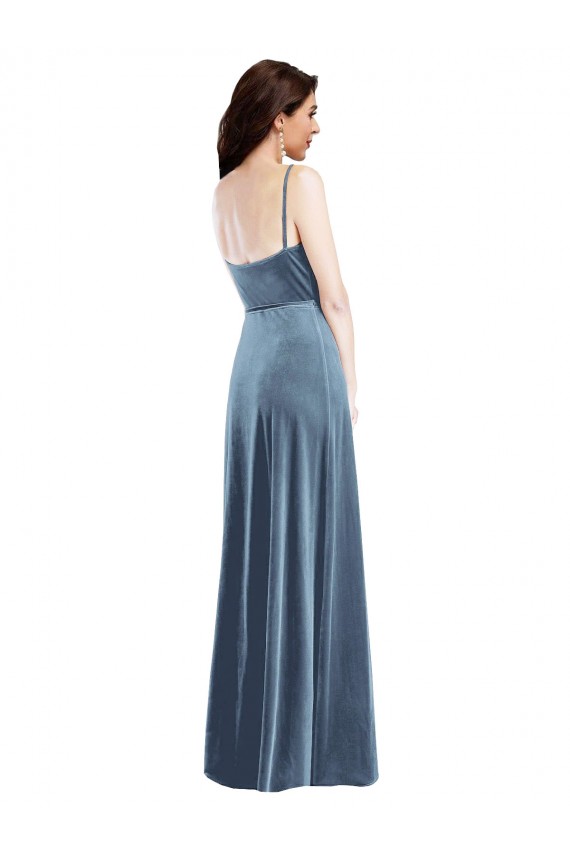Sweetheart Long Stretch Velvet Dusty Blue Sleeveless Semi Formal Evening Dress / Prom Dress / Bridesmaid Dress Darwin