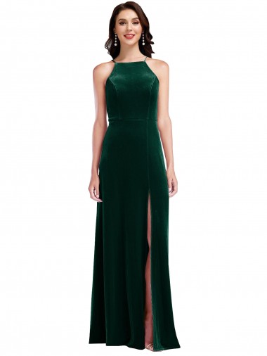 High Neck Long Stretch Velvet Dark Green Sleeveless Semi Formal Evening Dress / Prom Dress / Bridesmaid Dress Darwin