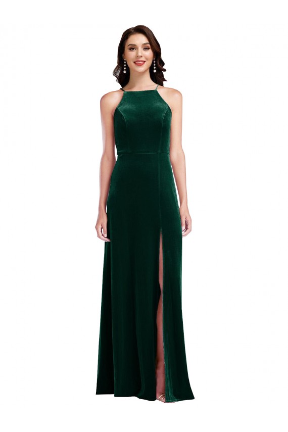 High Neck Long Stretch Velvet Dark Green Sleeveless Semi Formal Evening Dress / Prom Dress / Bridesmaid Dress Darwin