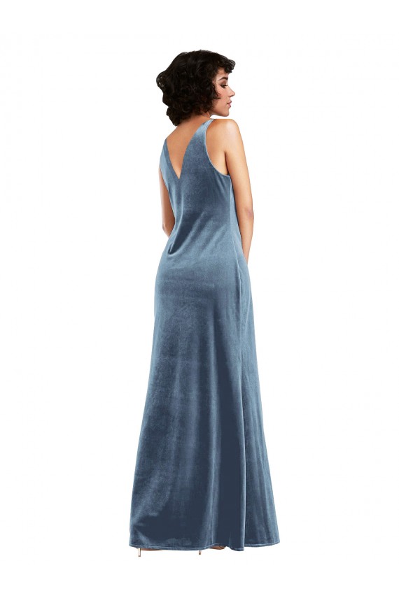 Cowl Neck Long Stretch Velvet Dusty Blue Sleeveless Evening Dress / Bridesmaid Dress Darwin