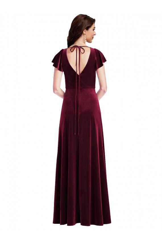 V-Neck Long Stretch Velvet Burgundy Flutter Sleeves Semi Formal Evening Dress / Prom Dress / Bridesmaid Dress Darwin