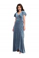 V-Neck Long Stretch Velvet Dusty Blue Flutter Sleeves Black Tie Evening Gown / Prom Dress / Bridesmaid Dress Darwin