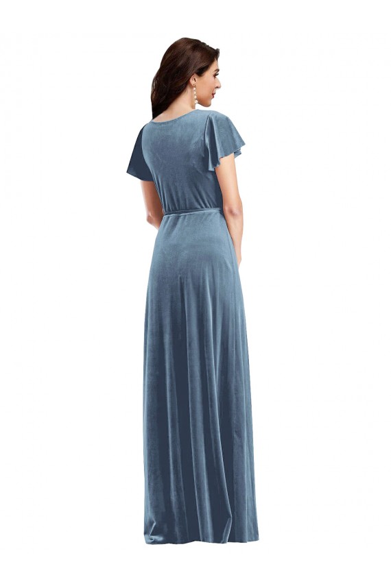 V-Neck Long Stretch Velvet Dusty Blue Flutter Sleeves Black Tie Evening Gown / Prom Dress / Bridesmaid Dress Darwin