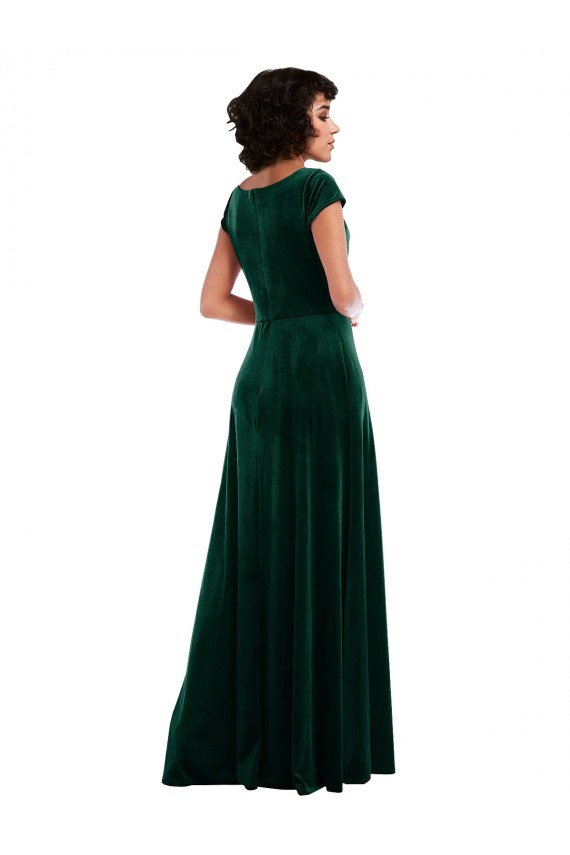 Cowl Neck Long Stretch Velvet Dark Green Cap Sleeves Black Tie Evening Gown / Prom Dress / Bridesmaid Dress Darwin