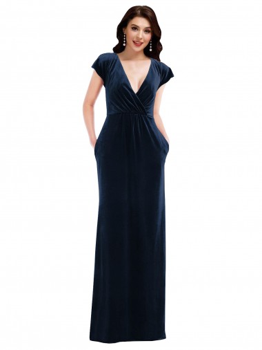V-Neck Long Stretch Velvet Dark Navy Flutter Sleeves Formal Dress / Bridesmaid Dress Darwin