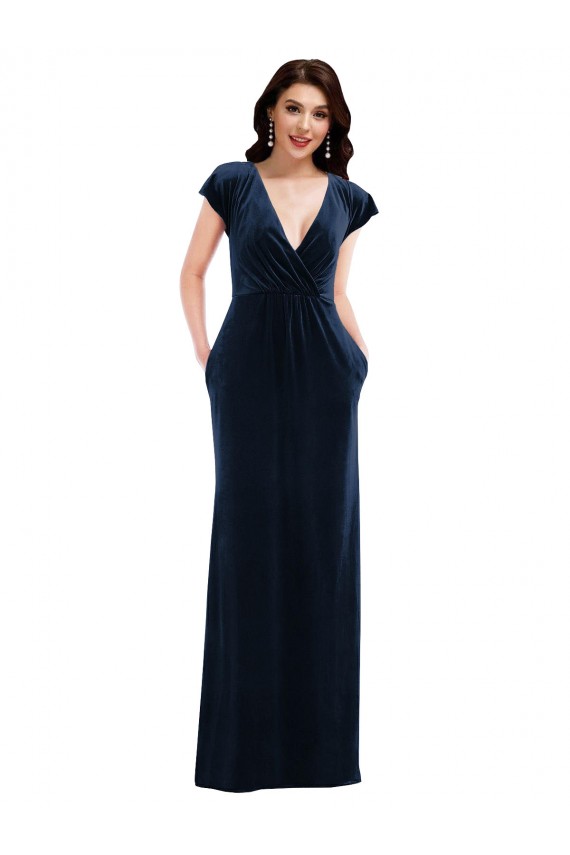 V-Neck Long Stretch Velvet Dark Navy Flutter Sleeves Formal Dress / Bridesmaid Dress Darwin