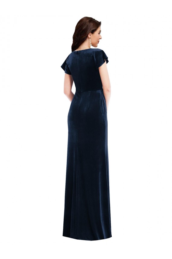 V-Neck Long Stretch Velvet Dark Navy Flutter Sleeves Formal Dress / Bridesmaid Dress Darwin