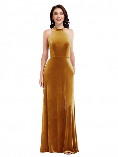 High Neck Long Stretch Velvet Gold Sleeveless Semi Formal Evening Dress / Prom Dress / Bridesmaid Dress Darwin