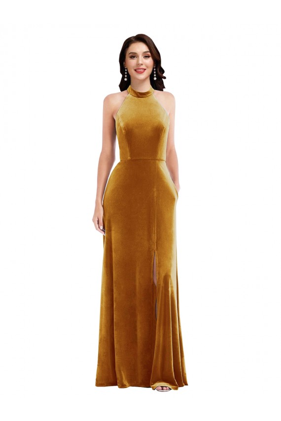 High Neck Long Stretch Velvet Gold Sleeveless Semi Formal Evening Dress / Prom Dress / Bridesmaid Dress Darwin
