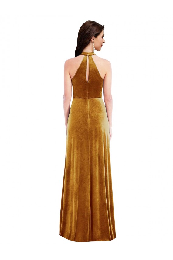 High Neck Long Stretch Velvet Gold Sleeveless Semi Formal Evening Dress / Prom Dress / Bridesmaid Dress Darwin