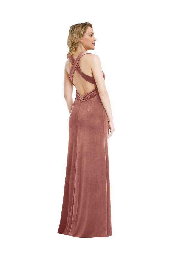 V-Neck Long Stretch Velvet Cinnamon Rose Sleeveless Bridesmaid Dress / Evening Dress Darwin